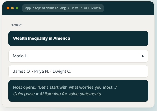 AI Opinionnaire live session interface showing topic, participants, and host dialogue